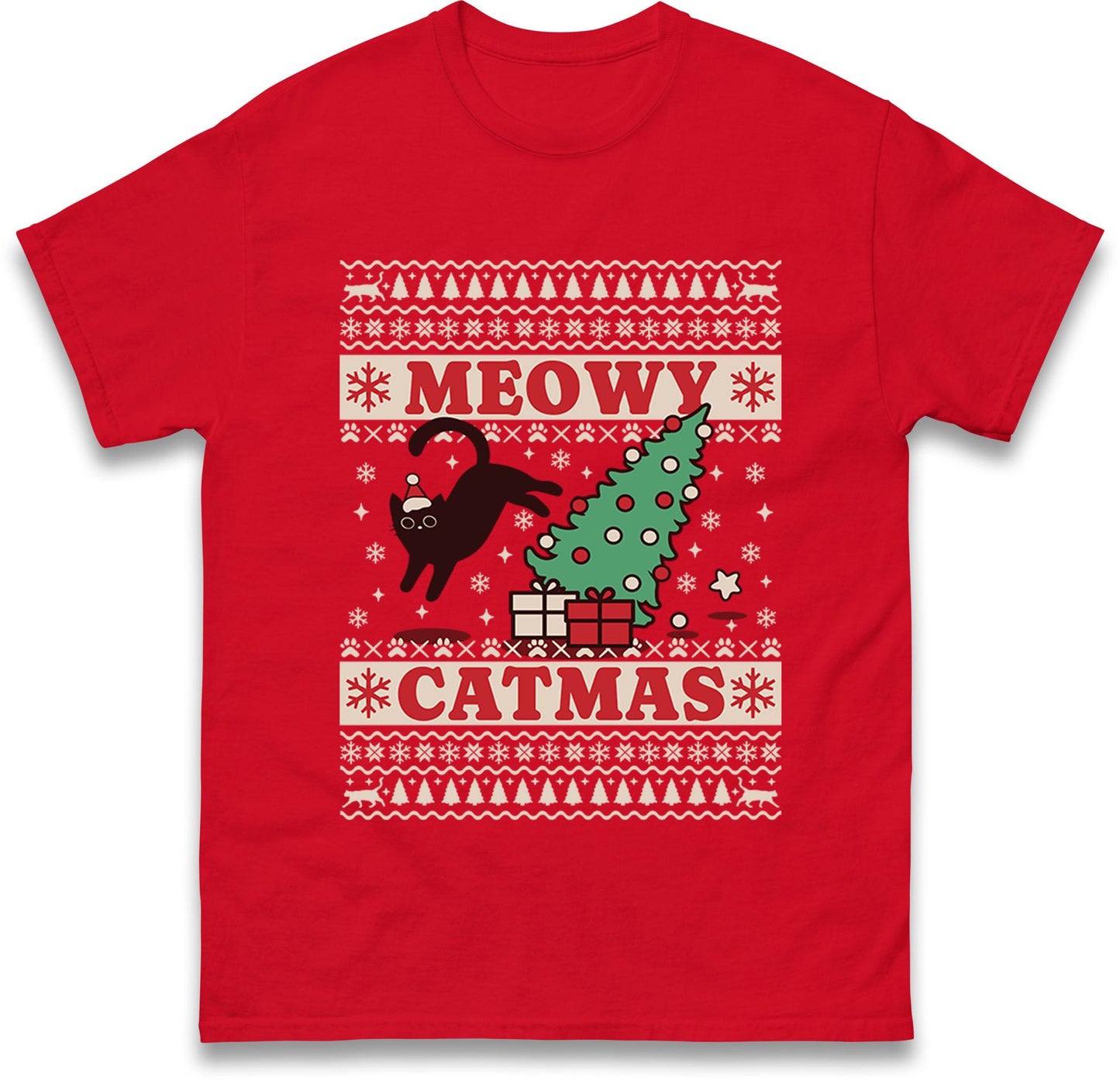 Meowy Catmas Ugly Christmas Jumper with Black Cat Tree Design, Funny Xmas Cat Hoodie, Holiday Cat Lover T Shirt, Kitty Gift Top
