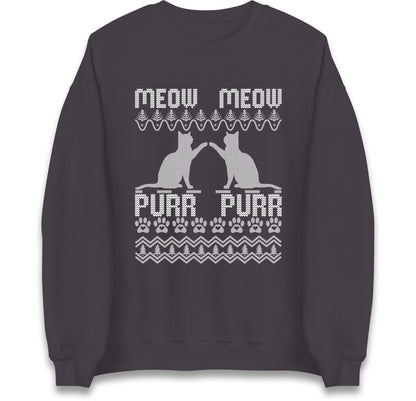 Meow Meow Purr Purr Ugly Christmas Jumper with Cute Cats Design, Funny Xmas Cat Hoodie, Holiday Kitten Lover T Shirt, Festive Gift Top