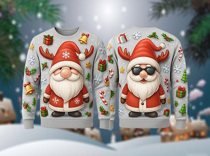 Ugly Christmas Sweater Santa, Funny Gnome Santa Reindeer Antlers Xmas Sweatshirt, Holiday Party Outfit, Cute Winter Gift Pullover
