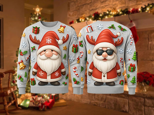 Ugly Christmas Sweater Santa, Funny Gnome Santa Reindeer Antlers Xmas Sweatshirt, Holiday Party Outfit, Cute Winter Gift Pullover