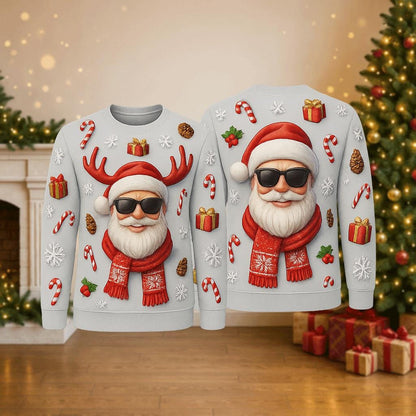 Ugly Christmas Sweater Santa Cool, Funny Sunglasses Xmas Sweatshirt, Holiday Party Outfit, Novelty Winter Gift Pullover