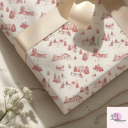Christmas Village Toile Wrapping Paper: Rustic Winter Cabin Gift Wrap