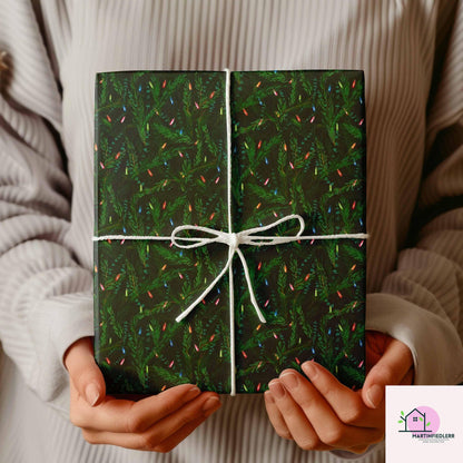 Christmas Lights Wrapping Paper, Black Evergreen Holiday Gift Wrap Sheets, Festive Pine Branch Xmas Packaging, Dark Night Winter Party Style