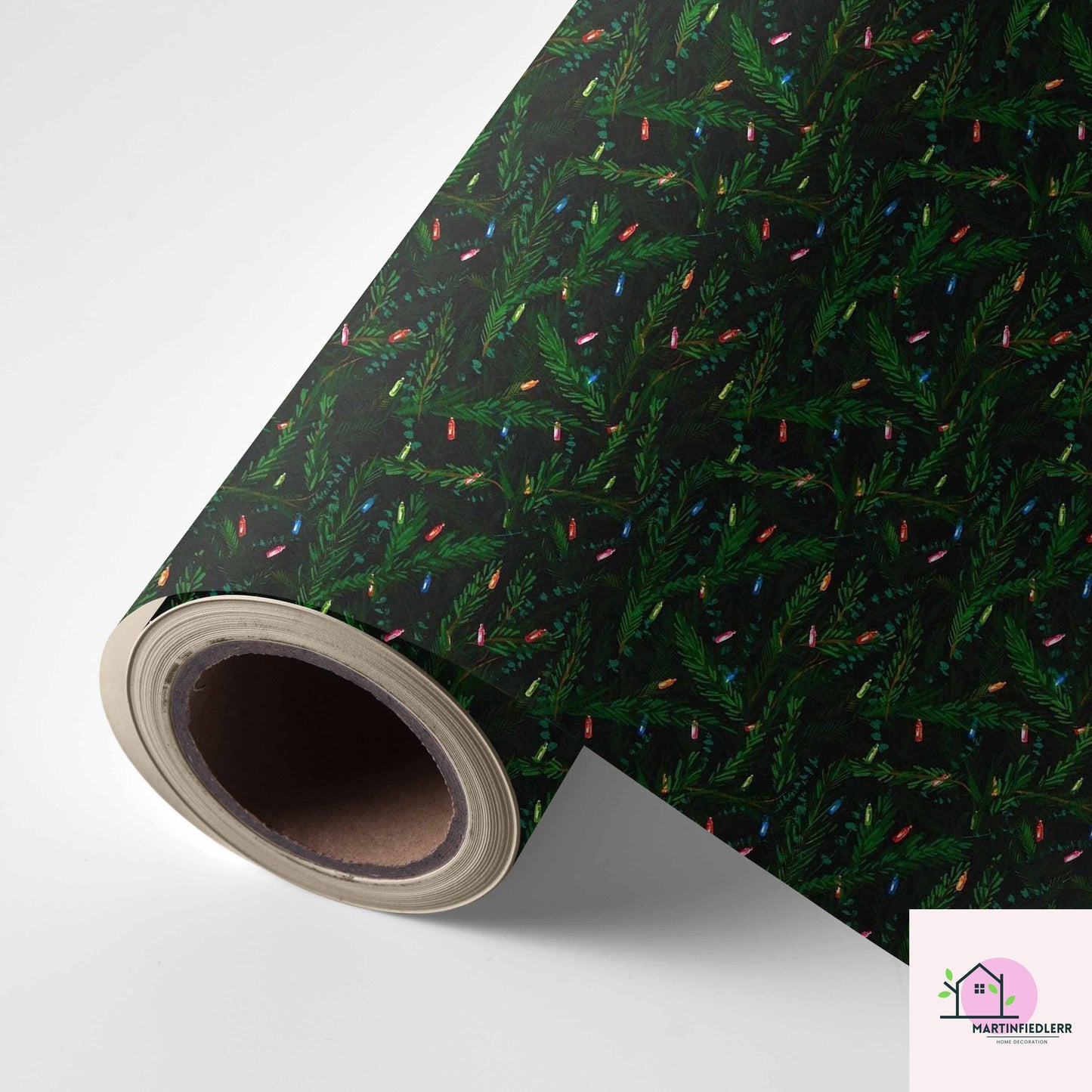 Christmas Lights Wrapping Paper, Black Evergreen Holiday Gift Wrap Sheets, Festive Pine Branch Xmas Packaging, Dark Night Winter Party Style