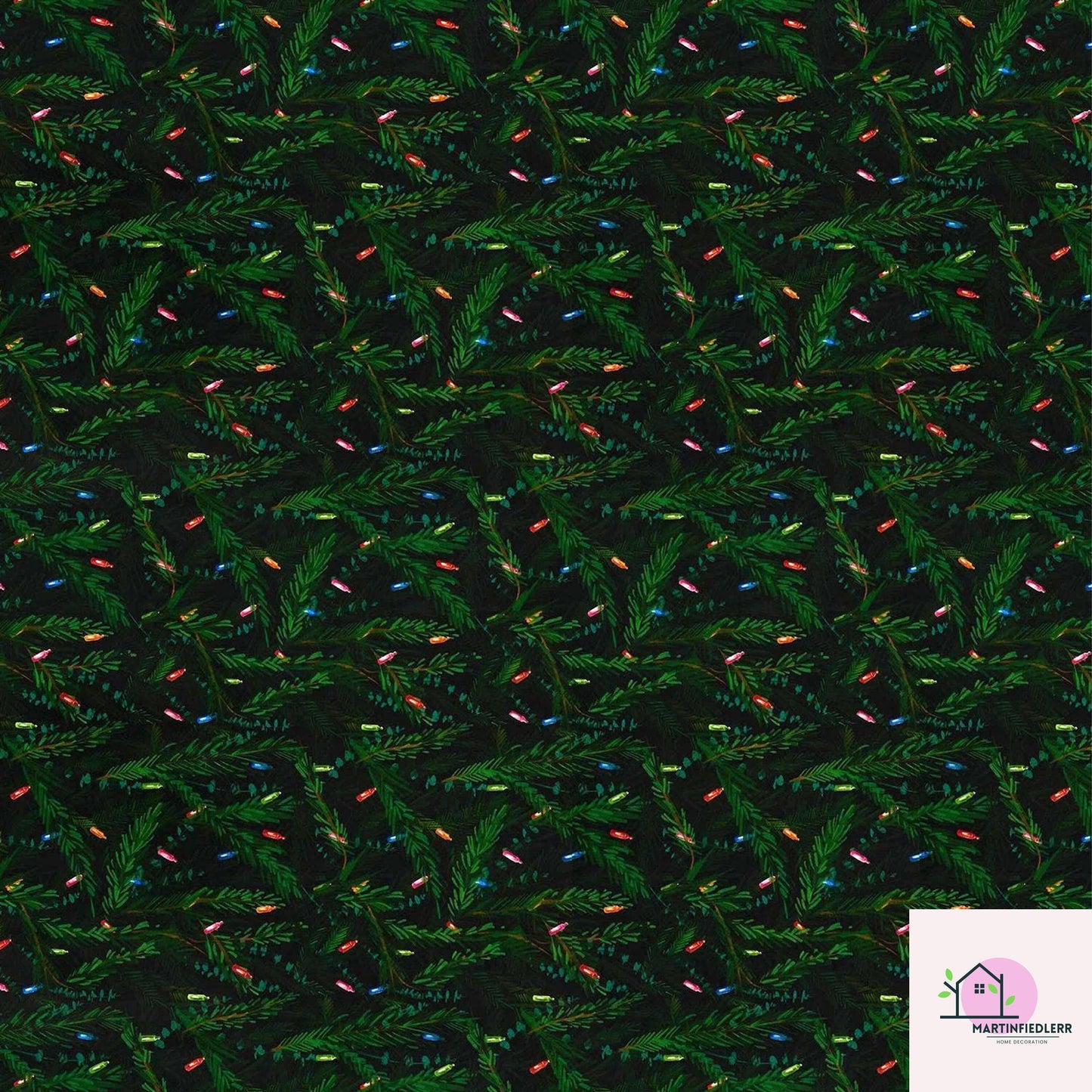 Christmas Lights Wrapping Paper, Black Evergreen Holiday Gift Wrap Sheets, Festive Pine Branch Xmas Packaging, Dark Night Winter Party Style