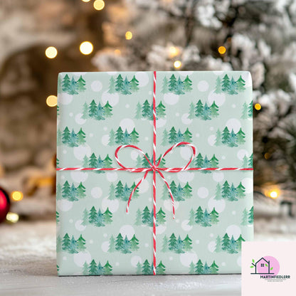 Watercolor Christmas Tree Wrapping Paper, Mint Green Holiday Gift Wrap Sheets, Winter Snow Dot Packaging, Minimal Festive Nature Style