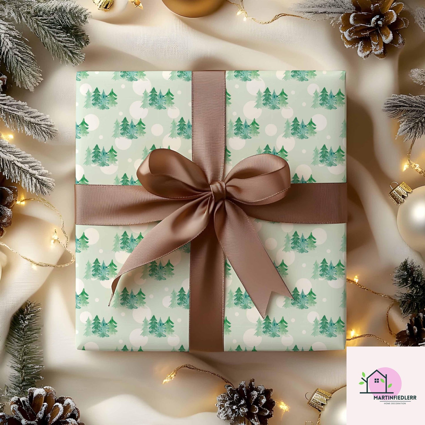 Watercolor Christmas Tree Wrapping Paper, Mint Green Holiday Gift Wrap Sheets, Winter Snow Dot Packaging, Minimal Festive Nature Style
