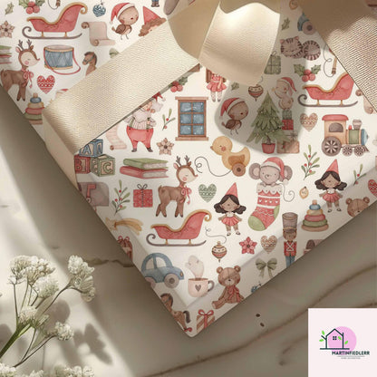 Vintage Toy Shop Christmas Wrapping Paper: Festive Elf & Reindeer Gift Wrap