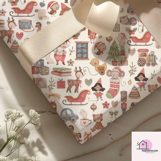 Vintage Toy Shop Christmas Wrapping Paper: Festive Elf & Reindeer Gift Wrap