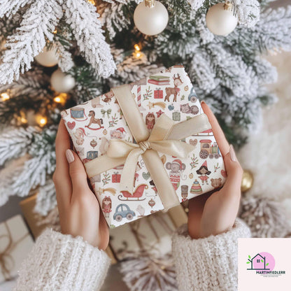 Vintage Toy Shop Christmas Wrapping Paper: Festive Elf & Reindeer Gift Wrap