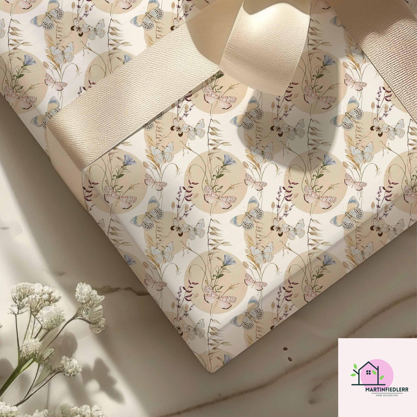 Boho Butterfly Wrapping Paper: Beige Wildflower Gift Wrap