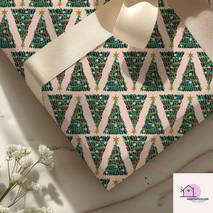 Christmas Tree Wrapping Paper, Pink Holiday Gift Wrap Sheets, Festive Green Red Blue Ornament Packaging, Modern Winter Party Style