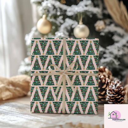 Christmas Tree Wrapping Paper, Pink Holiday Gift Wrap Sheets, Festive Green Red Blue Ornament Packaging, Modern Winter Party Style