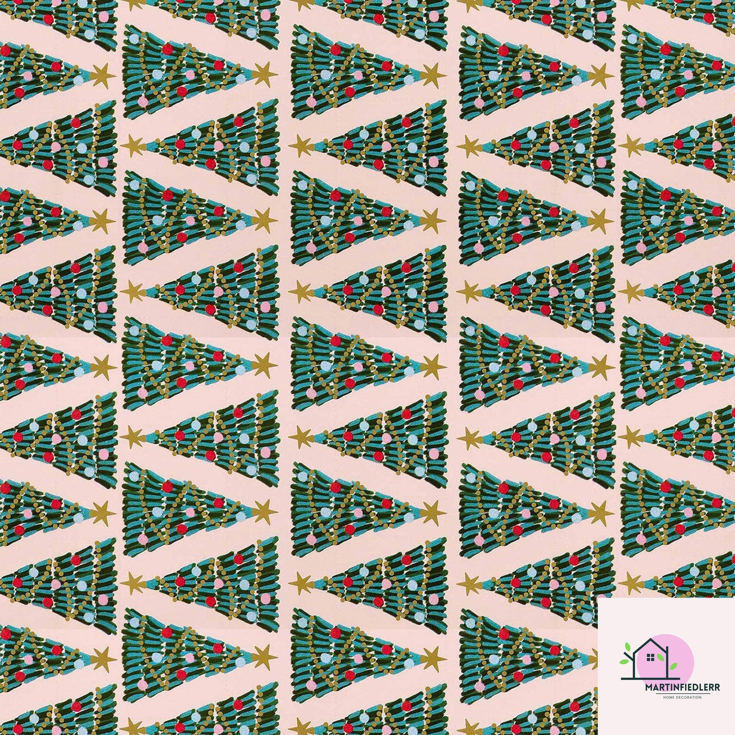 Christmas Tree Wrapping Paper, Pink Holiday Gift Wrap Sheets, Festive Green Red Blue Ornament Packaging, Modern Winter Party Style