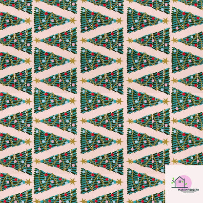 Christmas Tree Wrapping Paper, Pink Holiday Gift Wrap Sheets, Festive Green Red Blue Ornament Packaging, Modern Winter Party Style