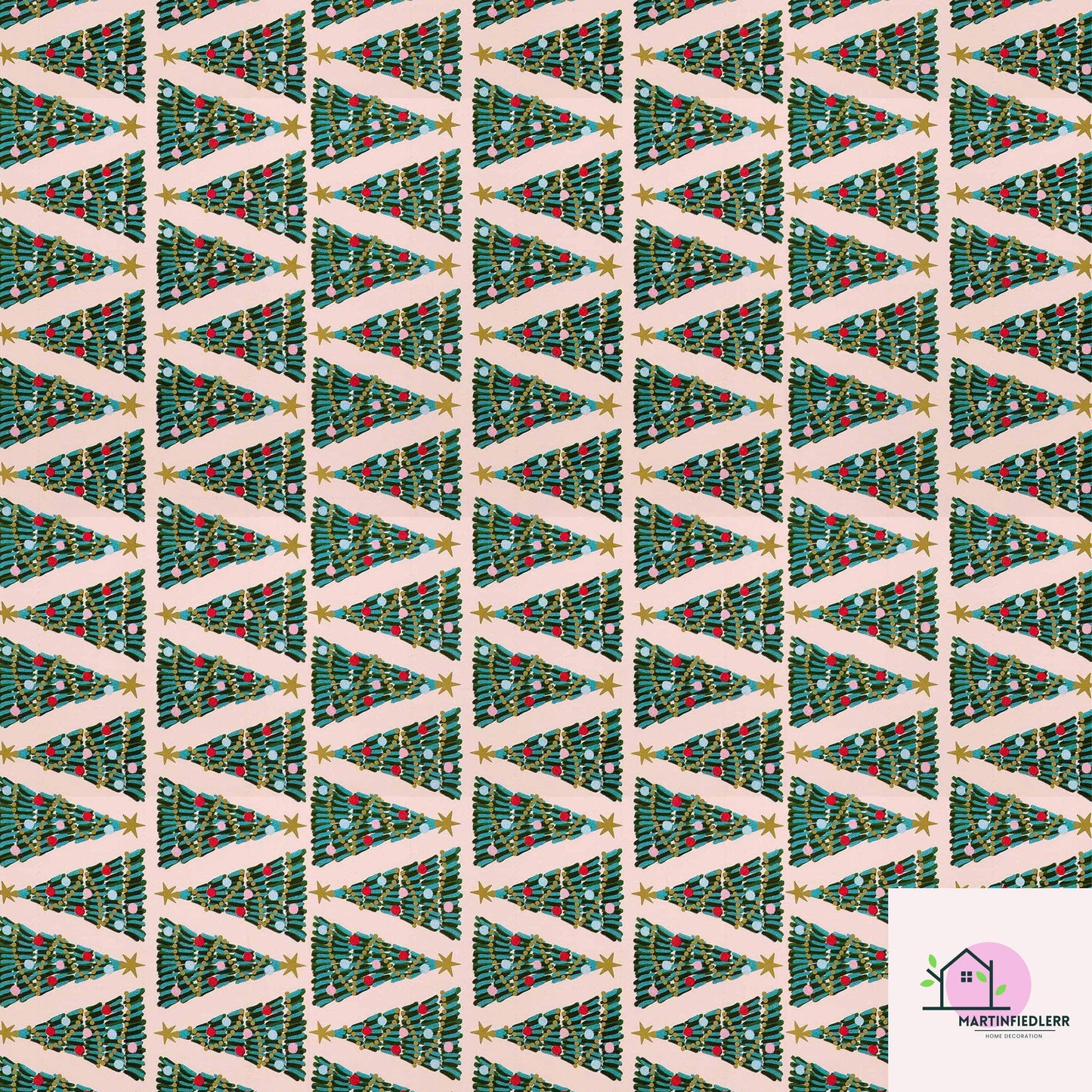 Christmas Tree Wrapping Paper, Pink Holiday Gift Wrap Sheets, Festive Green Red Blue Ornament Packaging, Modern Winter Party Style