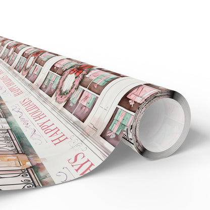 Happy Holidays Wrapping | Christmas Window Gift Wrap | Wreath & Garland Holiday Paper | Cozy Farmhouse Christmas Decor | Rustic Holiday