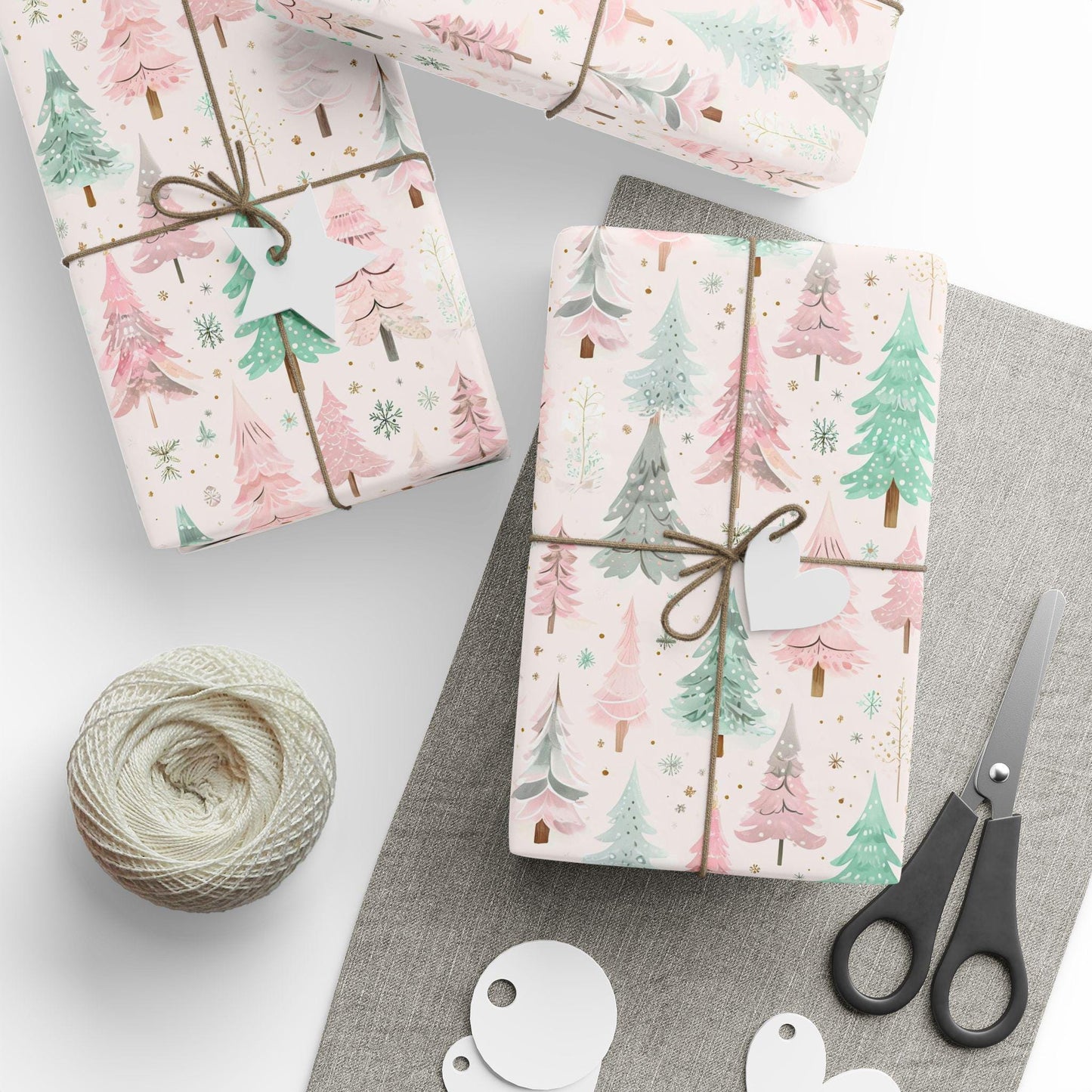 Pink Christmas Tree Wrapping Paper- Modern Holiday Gift Wrap, Watercolor Tree Print, Festive Winter Gift Wrap, Cute Pastel Christmas Decor