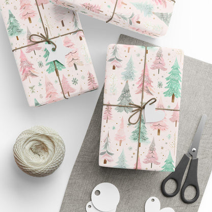 Pink Christmas Tree Wrapping Paper- Modern Holiday Gift Wrap, Watercolor Tree Print, Festive Winter Gift Wrap, Cute Pastel Christmas Decor