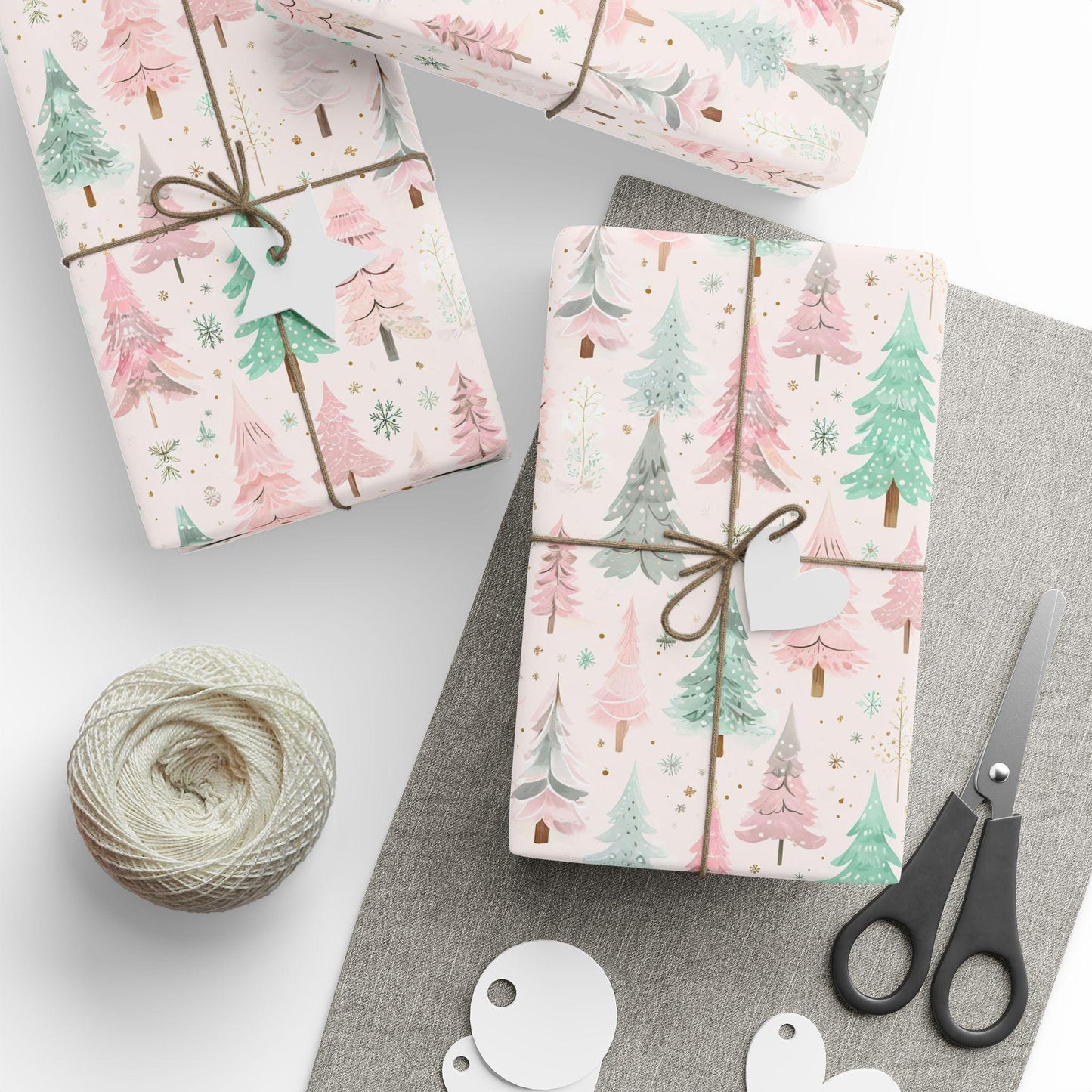 Pink Christmas Tree Wrapping Paper- Modern Holiday Gift Wrap, Watercolor Tree Print, Festive Winter Gift Wrap, Cute Pastel Christmas Decor