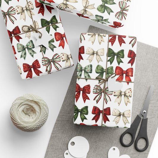 Christmas Bow Wrapping Paper | Holiday Gift Wrap | Red and Green Ribbon Design | Festive Christmas Packaging | Rustic Holiday Decor