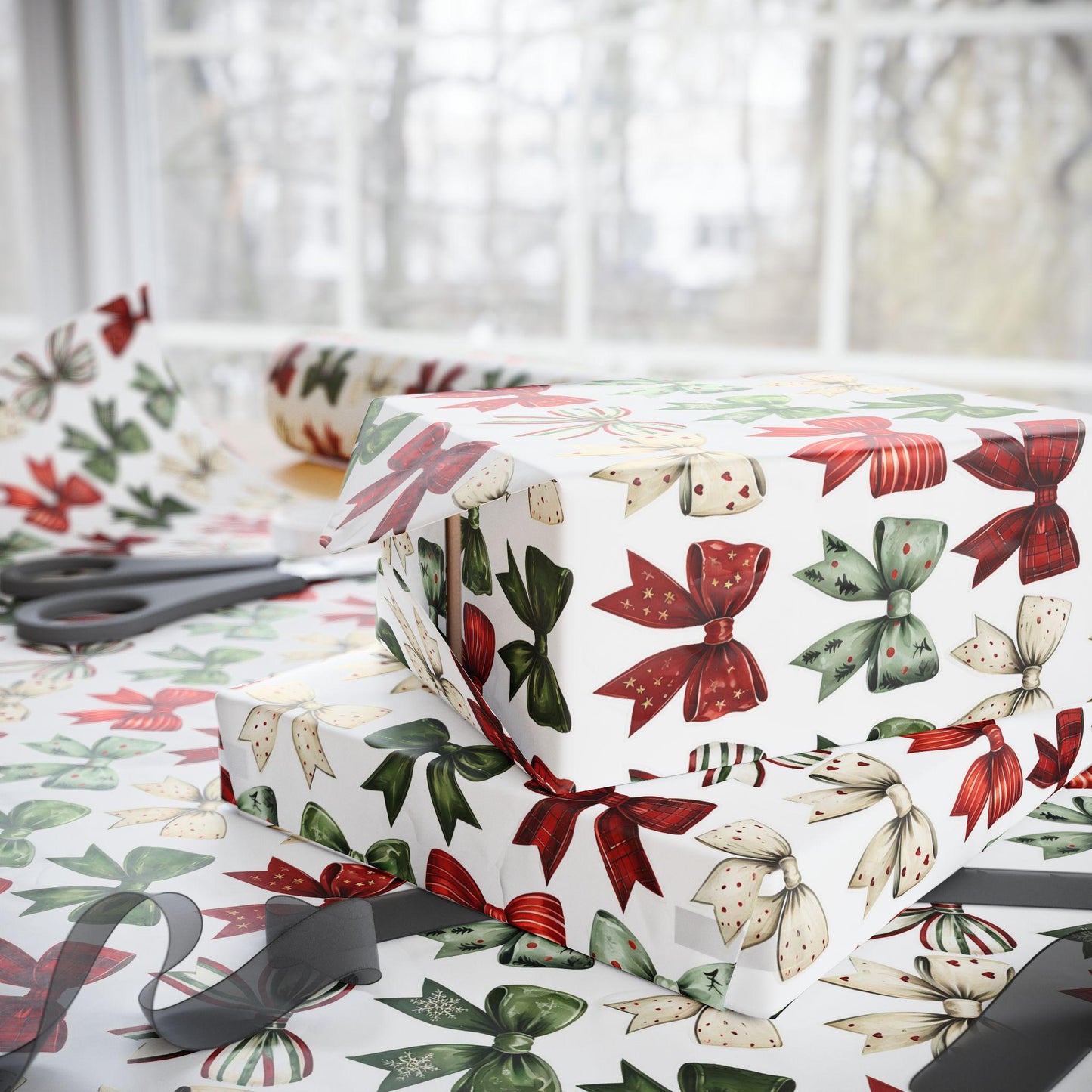 Christmas Bow Wrapping Paper | Holiday Gift Wrap | Red and Green Ribbon Design | Festive Christmas Packaging | Rustic Holiday Decor