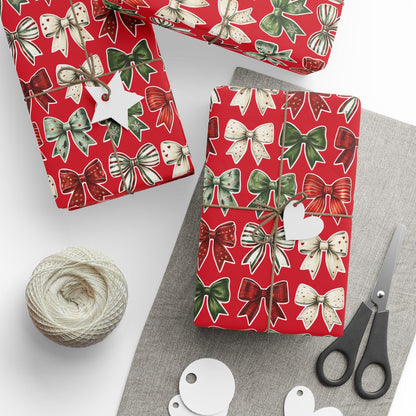 Red Christmas Bow Wrapping Paper | Festive Holiday Gift Wrap | Green & White Ribbon Design | Elegant Xmas Packaging | Holiday Decor