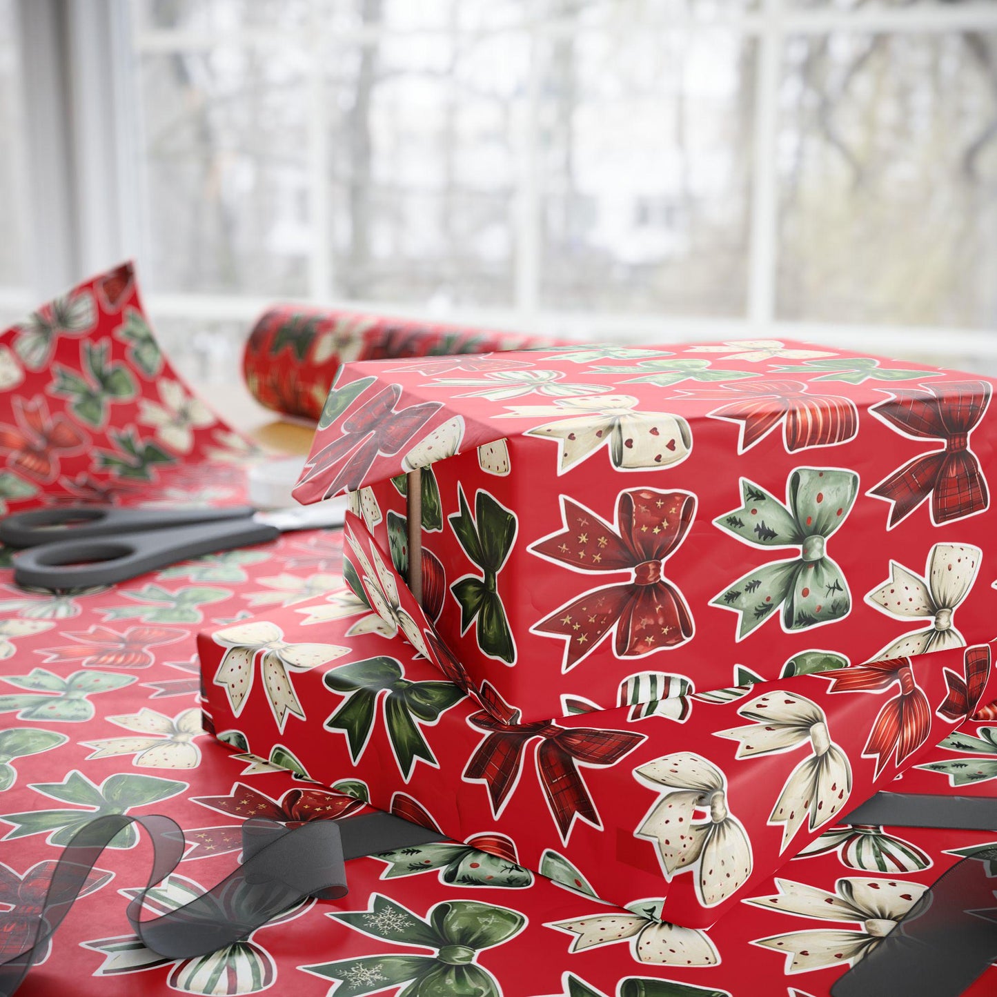 Red Christmas Bow Wrapping Paper | Festive Holiday Gift Wrap | Green & White Ribbon Design | Elegant Xmas Packaging | Holiday Decor