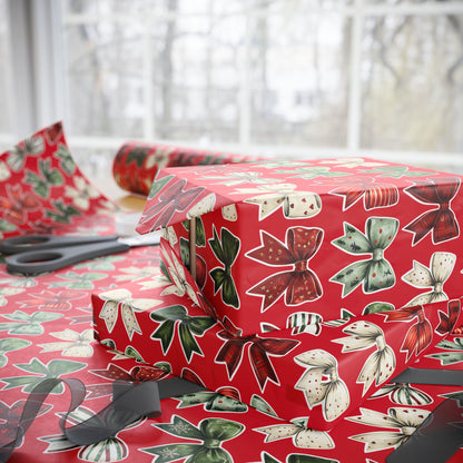 Red Christmas Bow Wrapping Paper | Festive Holiday Gift Wrap | Green & White Ribbon Design | Elegant Xmas Packaging | Holiday Decor