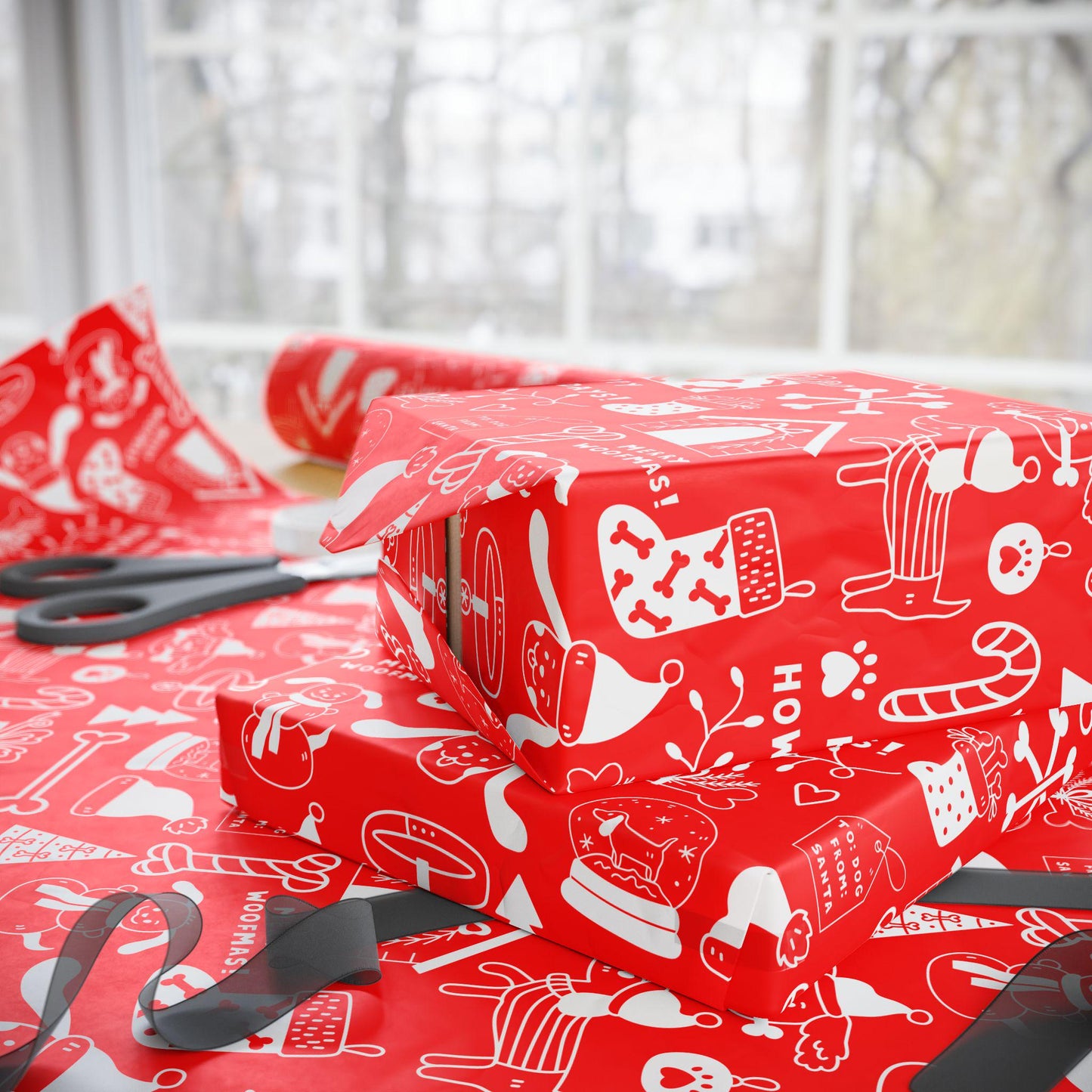 Dog Gift Wrap Paper, Hand Drawn Doodle Drawings in Red and White, DOGGY Wrapping Papers, Puppy  Gift Wrap