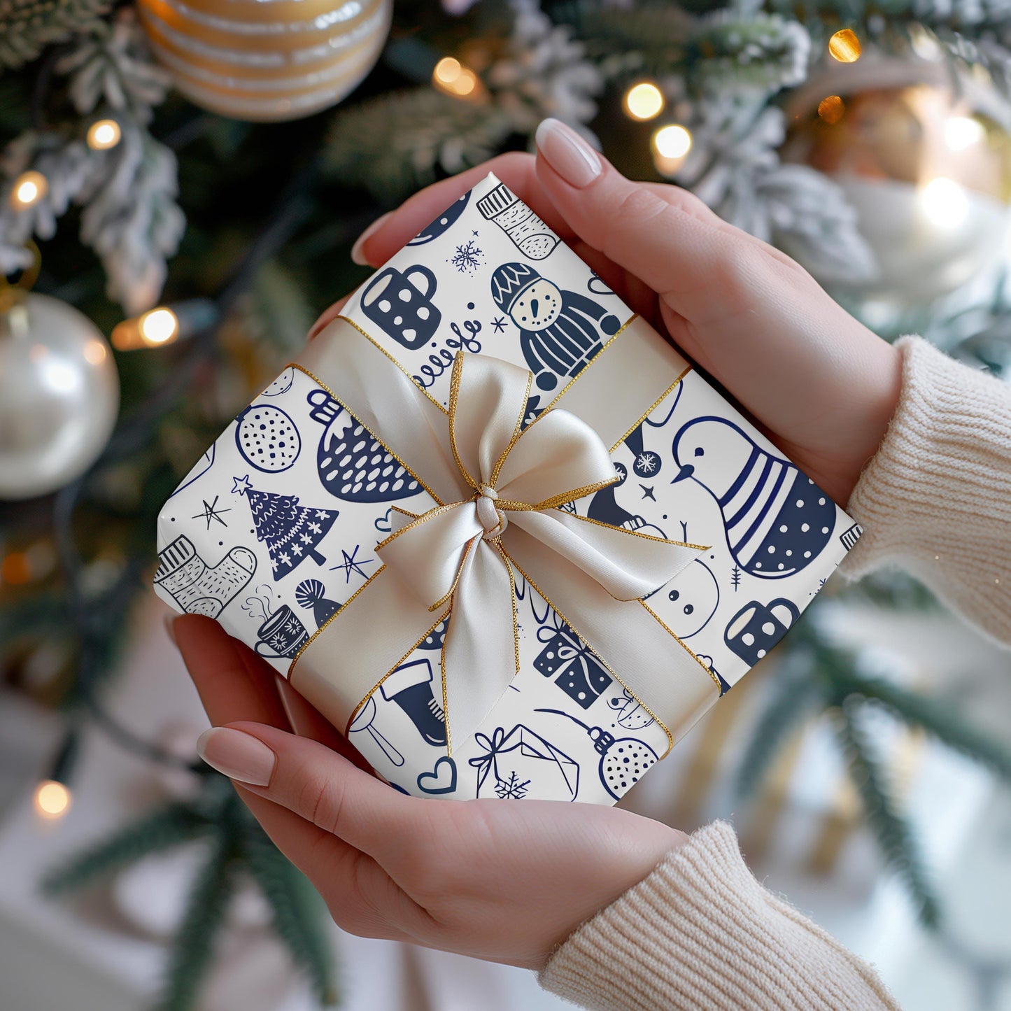 Wrapping Papers - Navy Blue Hand Drawn Christmas Gift Wrap, Holiday Wrapping Paper, Festive Gift Wrap, Doodle Art