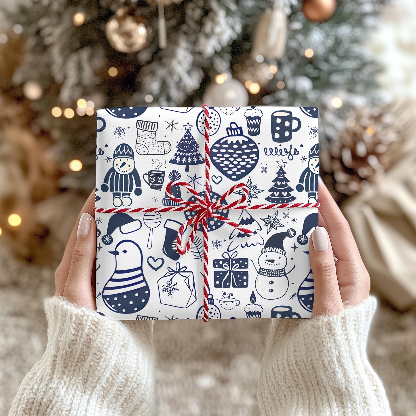 Wrapping Papers - Navy Blue Hand Drawn Christmas Gift Wrap, Holiday Wrapping Paper, Festive Gift Wrap, Doodle Art