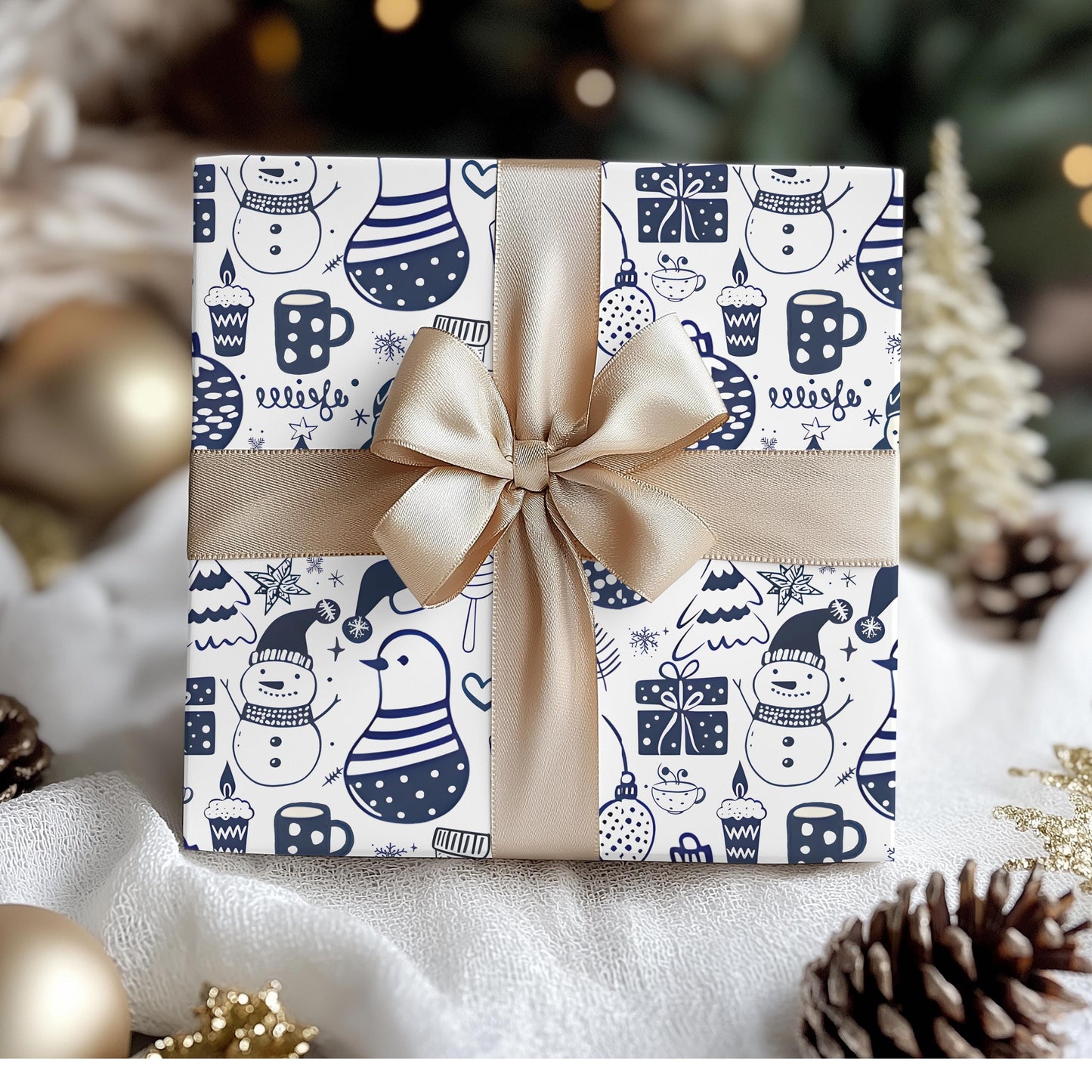 Wrapping Papers - Navy Blue Hand Drawn Christmas Gift Wrap, Holiday Wrapping Paper, Festive Gift Wrap, Doodle Art