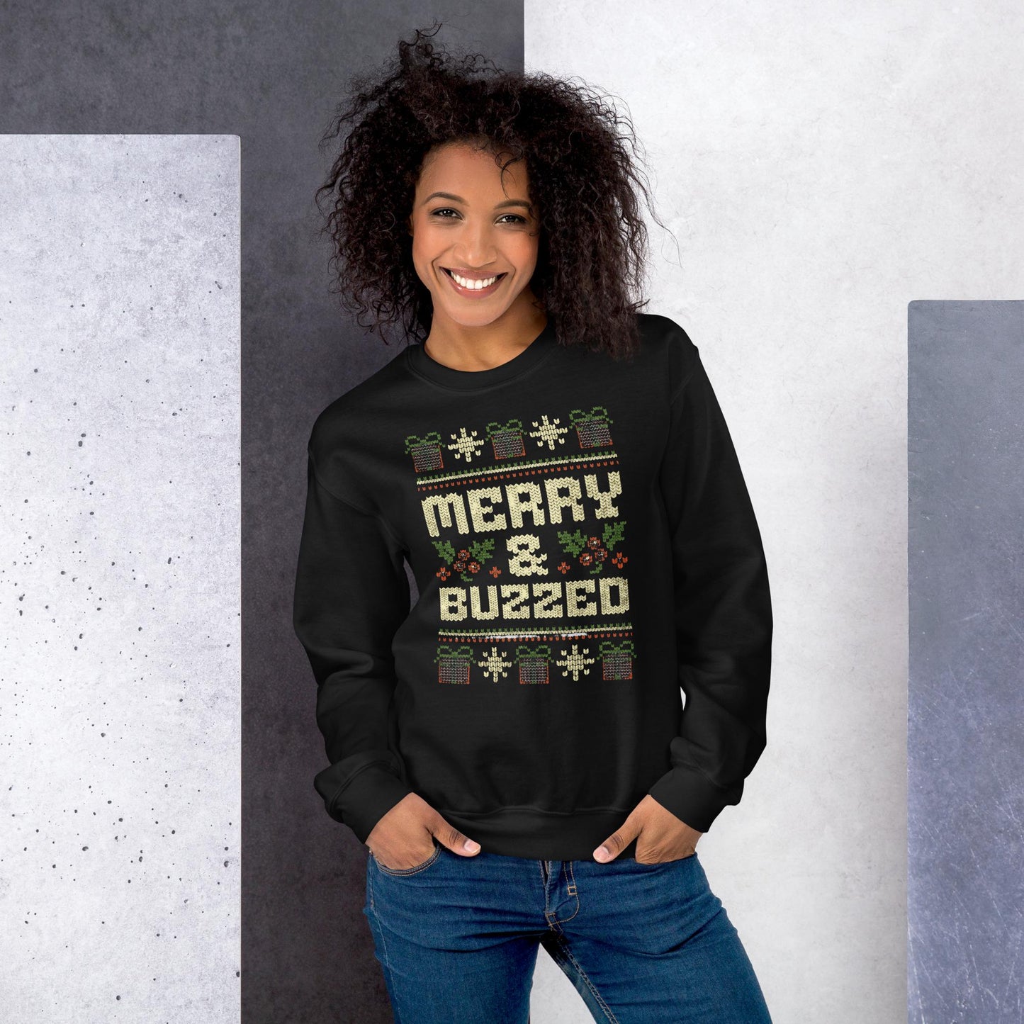 Merry and Buzzed Christmas Jumper | Funny Ugly Xmas | Unisex Holiday Sweatshirt Hoodie | Drinking Party Christmas Outfit