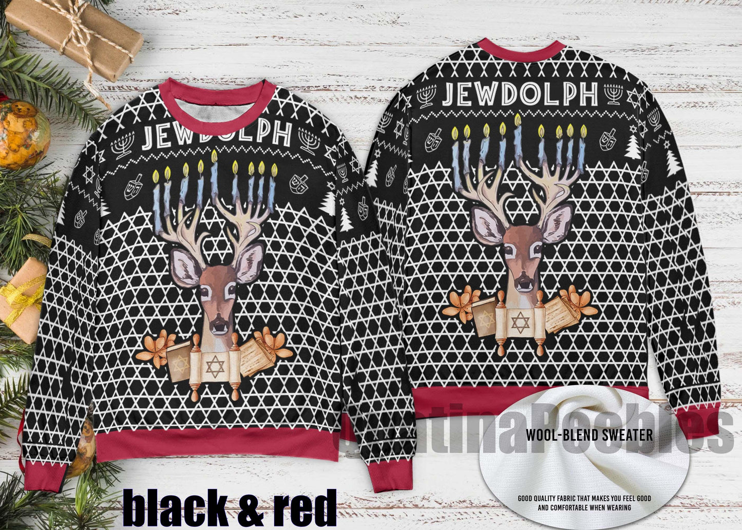 Jewdolph Hanukkah Ugly Sweater, Funny Jewish Christmas Sweater, Chrismukkah Holiday Reindeer Sweater, Ugly Christmas Sweater