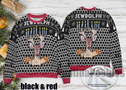 Jewdolph Hanukkah Ugly Sweater, Funny Jewish Christmas Sweater, Chrismukkah Holiday Reindeer Sweater, Ugly Christmas Sweater
