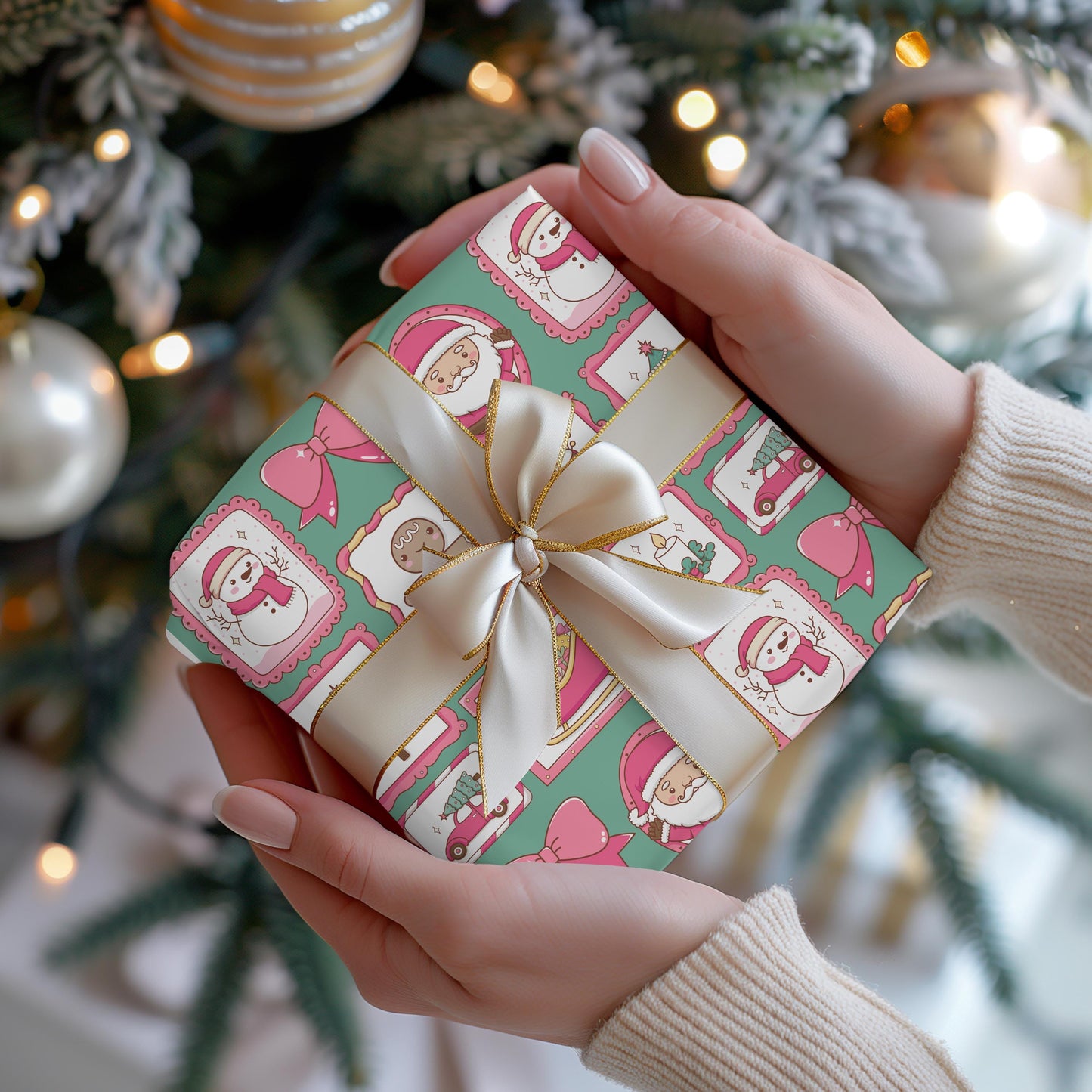 Cute Pink Wrapping Papers, Kids Christmas Bright Green & Pink Gift Wrap, Bright, Preppy Girls Gift