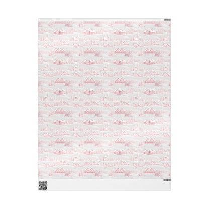 Nordic Christmas Wrapping Paper: Red Winter Houses, Snow Scene