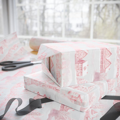 Nordic Christmas Wrapping Paper: Red Winter Houses, Snow Scene