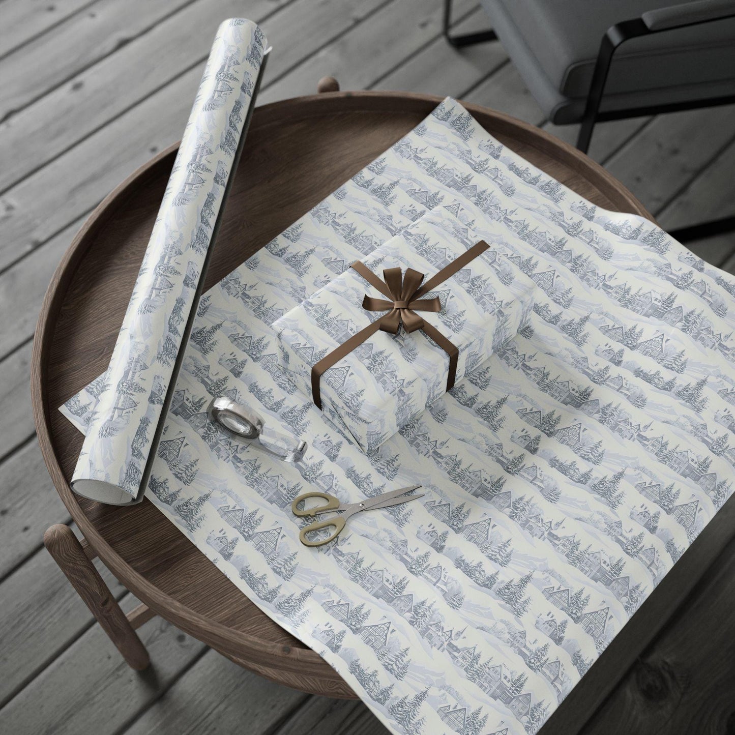 Winter Village Gift Wrap: Neutral Snowy Holiday House Wrapping Paper