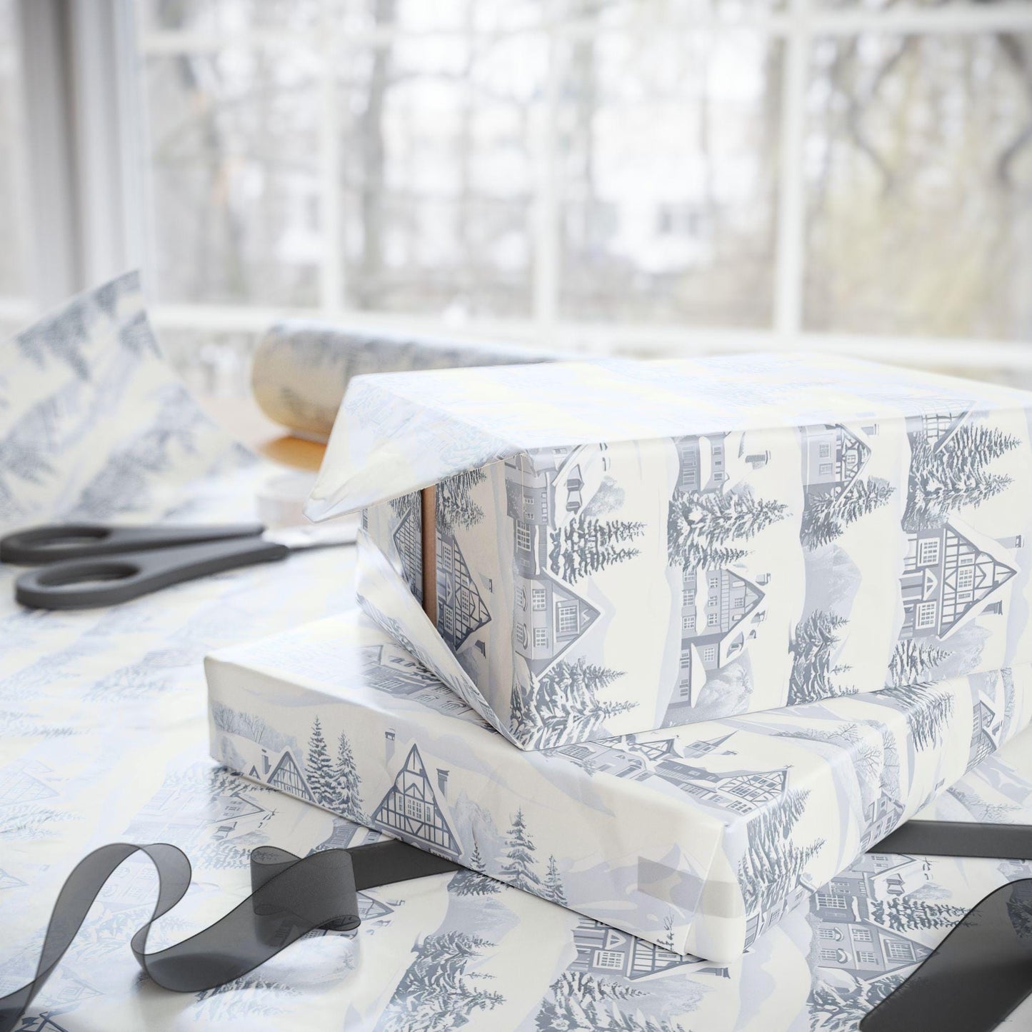 Winter Village Gift Wrap: Neutral Snowy Holiday House Wrapping Paper