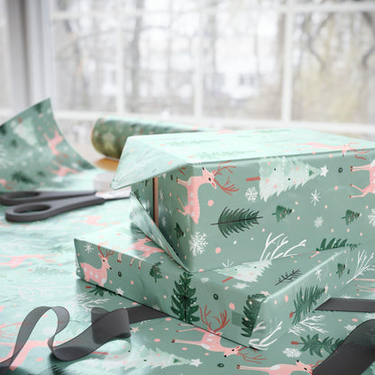 Pink & Sage Green Christmas Gift Wrap: Winter Woodlands Wrapping paper
