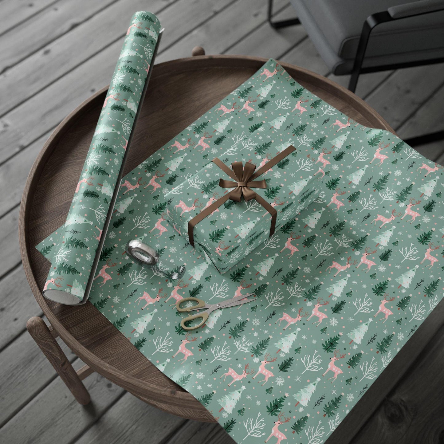 Pink & Sage Green Christmas Gift Wrap: Winter Woodlands Wrapping paper