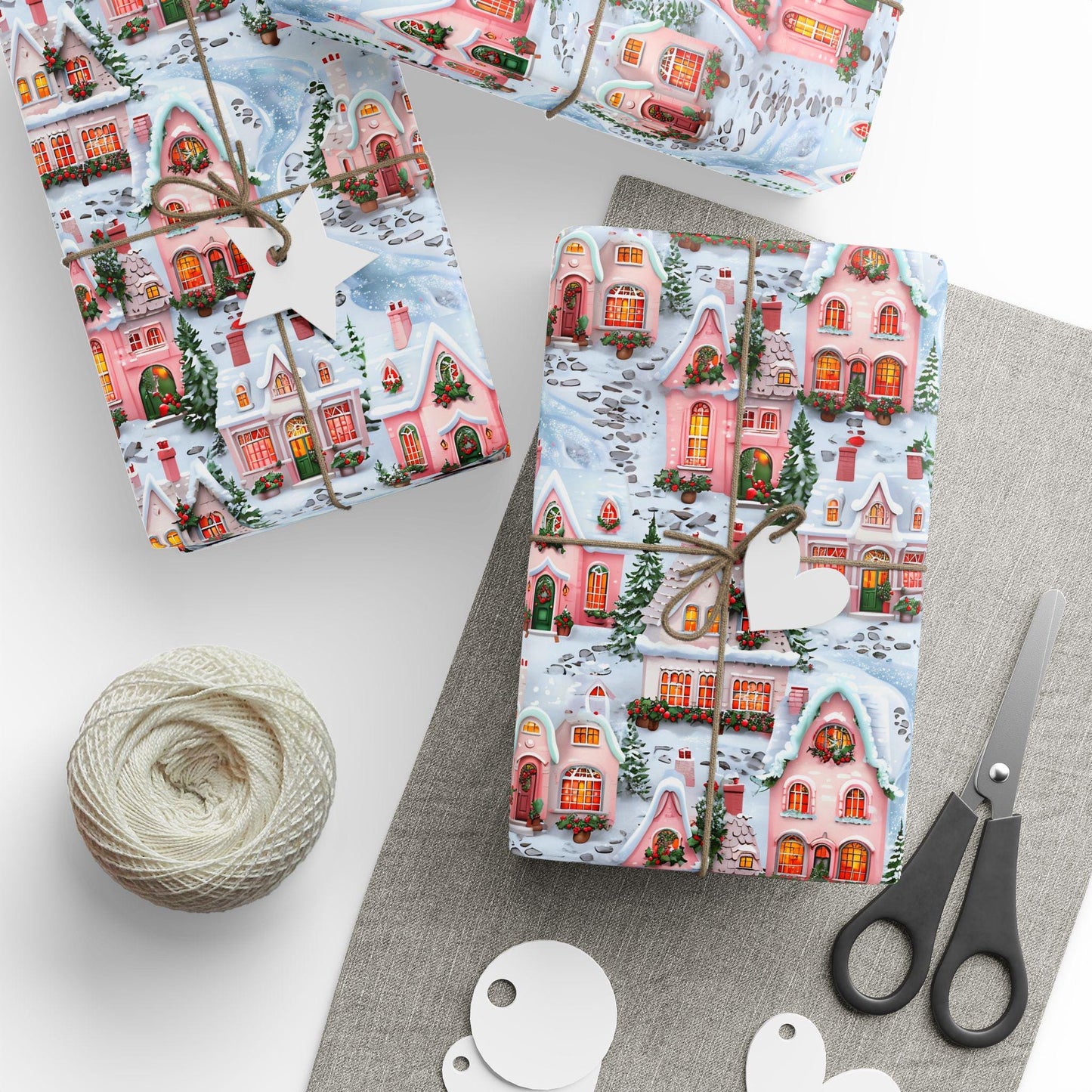 Christmas Wrapping Paper, Holiday Gift Wrap with Cozy Winter Houses, Festive Present Christmas Gifts & Seasonal Parties, Pink Winter Village