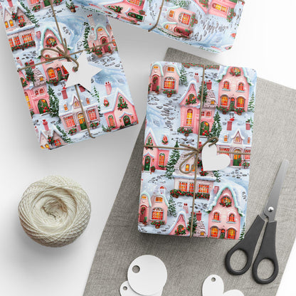 Christmas Wrapping Paper, Holiday Gift Wrap with Cozy Winter Houses, Festive Present Christmas Gifts & Seasonal Parties, Pink Winter Village