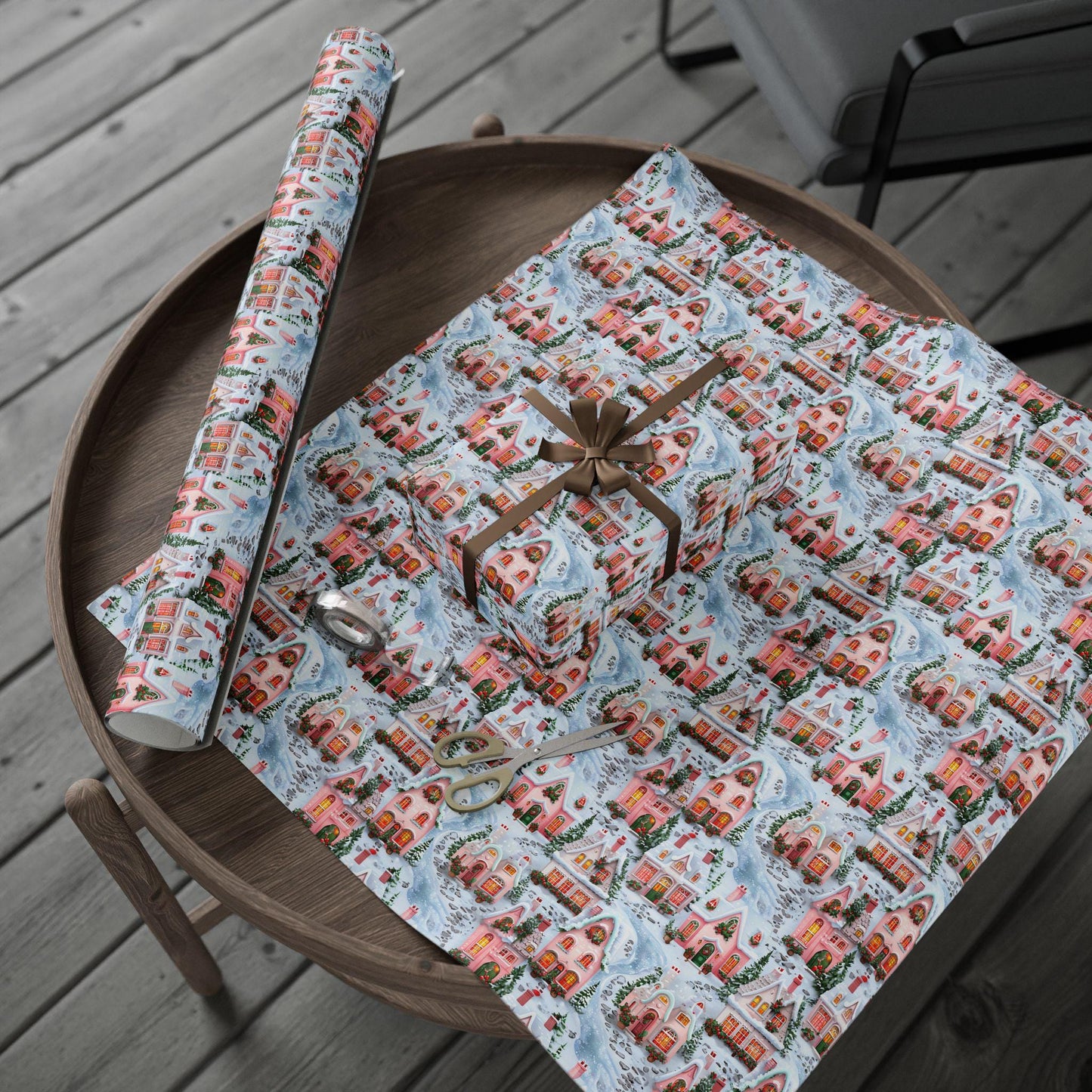 Christmas Wrapping Paper, Holiday Gift Wrap with Cozy Winter Houses, Festive Present Christmas Gifts & Seasonal Parties, Pink Winter Village