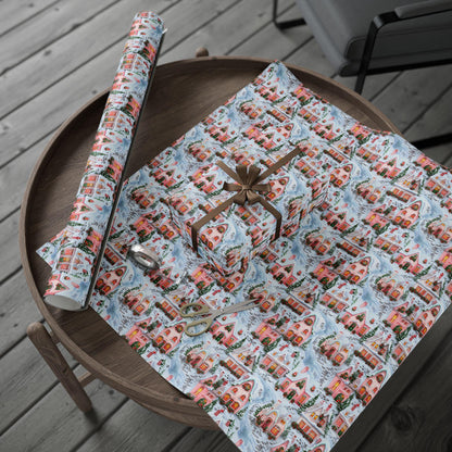 Christmas Wrapping Paper, Holiday Gift Wrap with Cozy Winter Houses, Festive Present Christmas Gifts & Seasonal Parties, Pink Winter Village