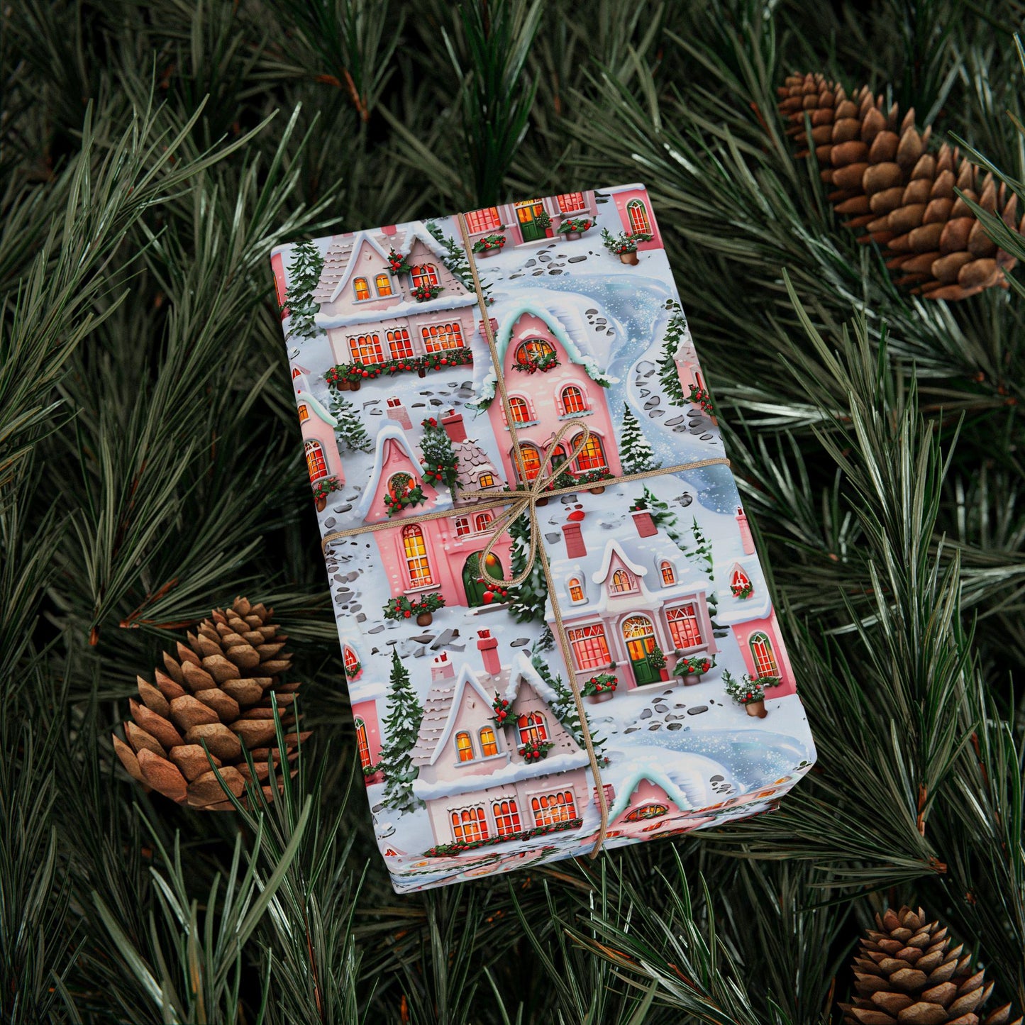 Christmas Wrapping Paper, Holiday Gift Wrap with Cozy Winter Houses, Festive Present Christmas Gifts & Seasonal Parties, Pink Winter Village
