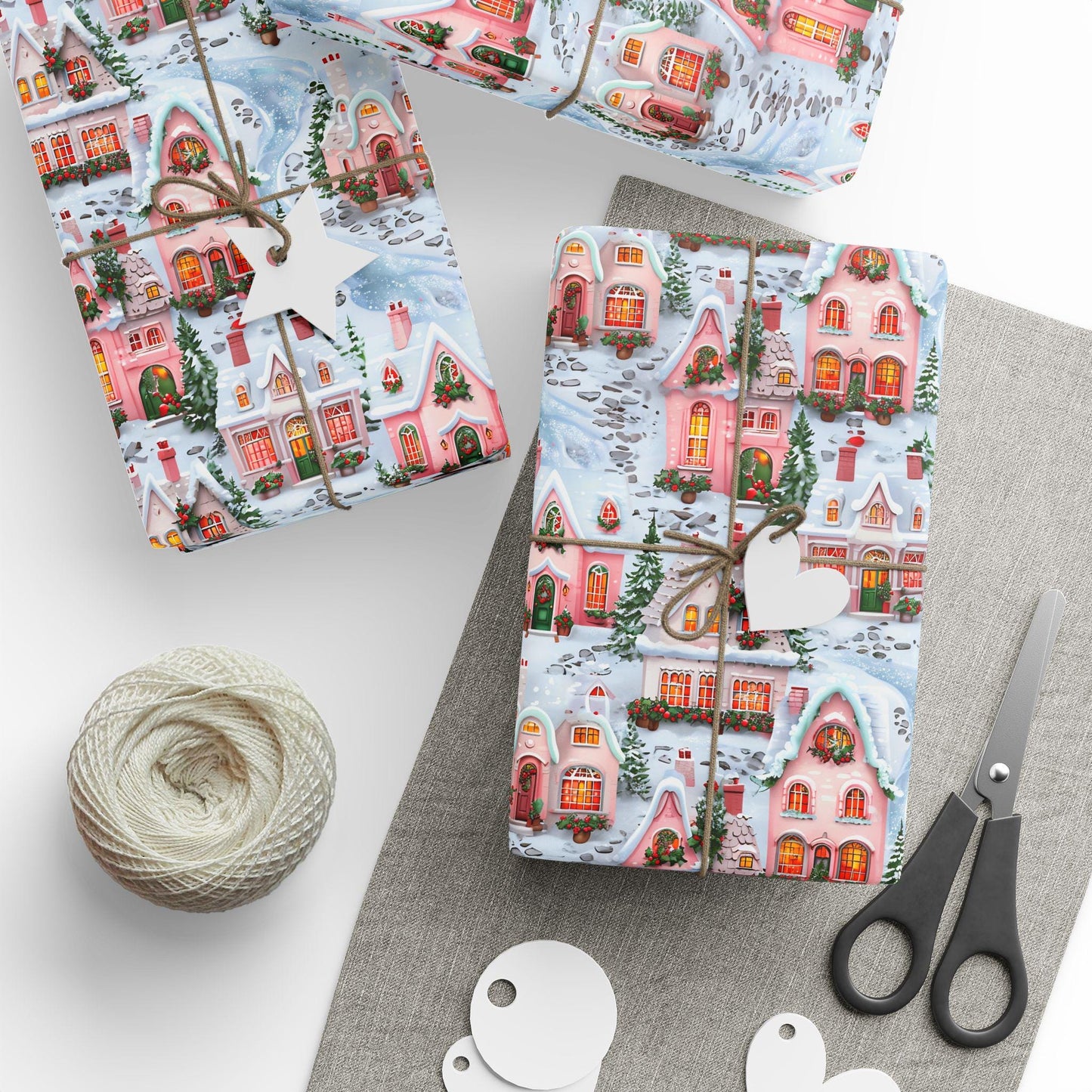 Christmas Wrapping Paper, Holiday Gift Wrap with Cozy Winter Houses, Festive Present Christmas Gifts & Seasonal Parties, Pink Winter Village
