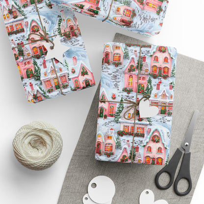Christmas Wrapping Paper, Holiday Gift Wrap with Cozy Winter Houses, Festive Present Christmas Gifts & Seasonal Parties, Pink Winter Village